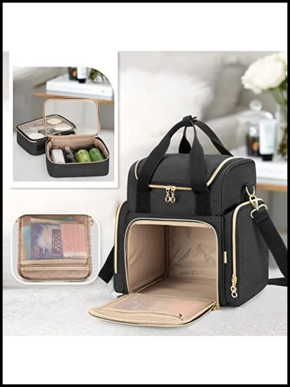 Large Travel Makeup Bag with Removable Cases, Padded Nylon Cosmetic Organizer,
